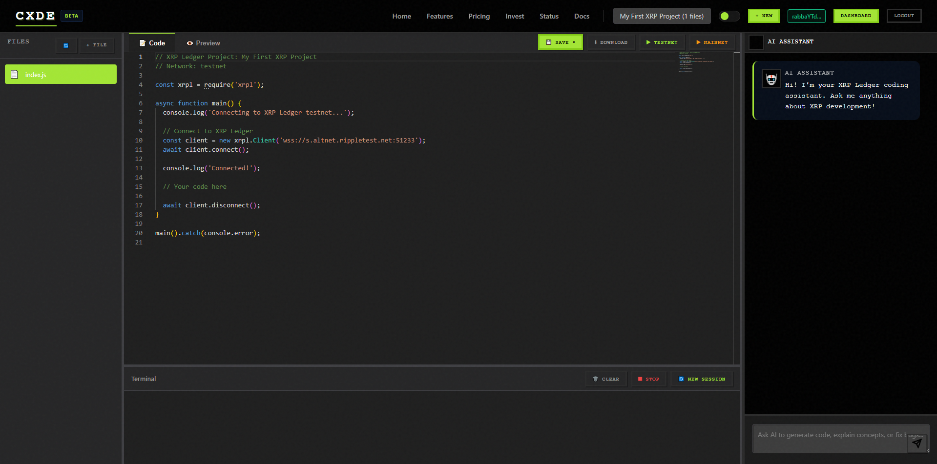 CXDE code editor screen